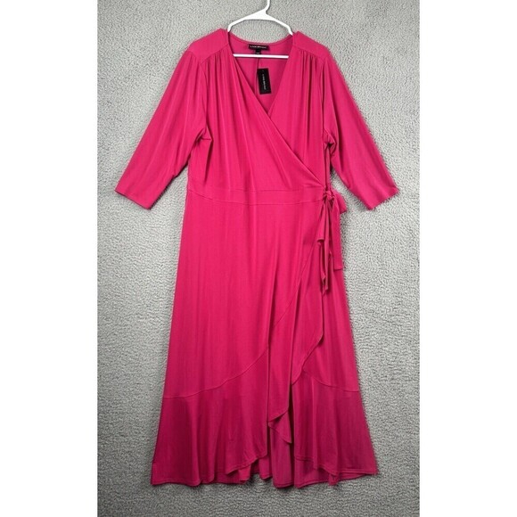 Lane Bryant Dress Womens 18/20 Pink 3/4 Sleeve Stretch Wrap Maxi Tie - Picture 1 of 10